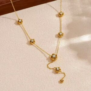 ​18k Gold Plated Rose Lariat Necklace 316L Stainless Steel Floral Zircon Jewel